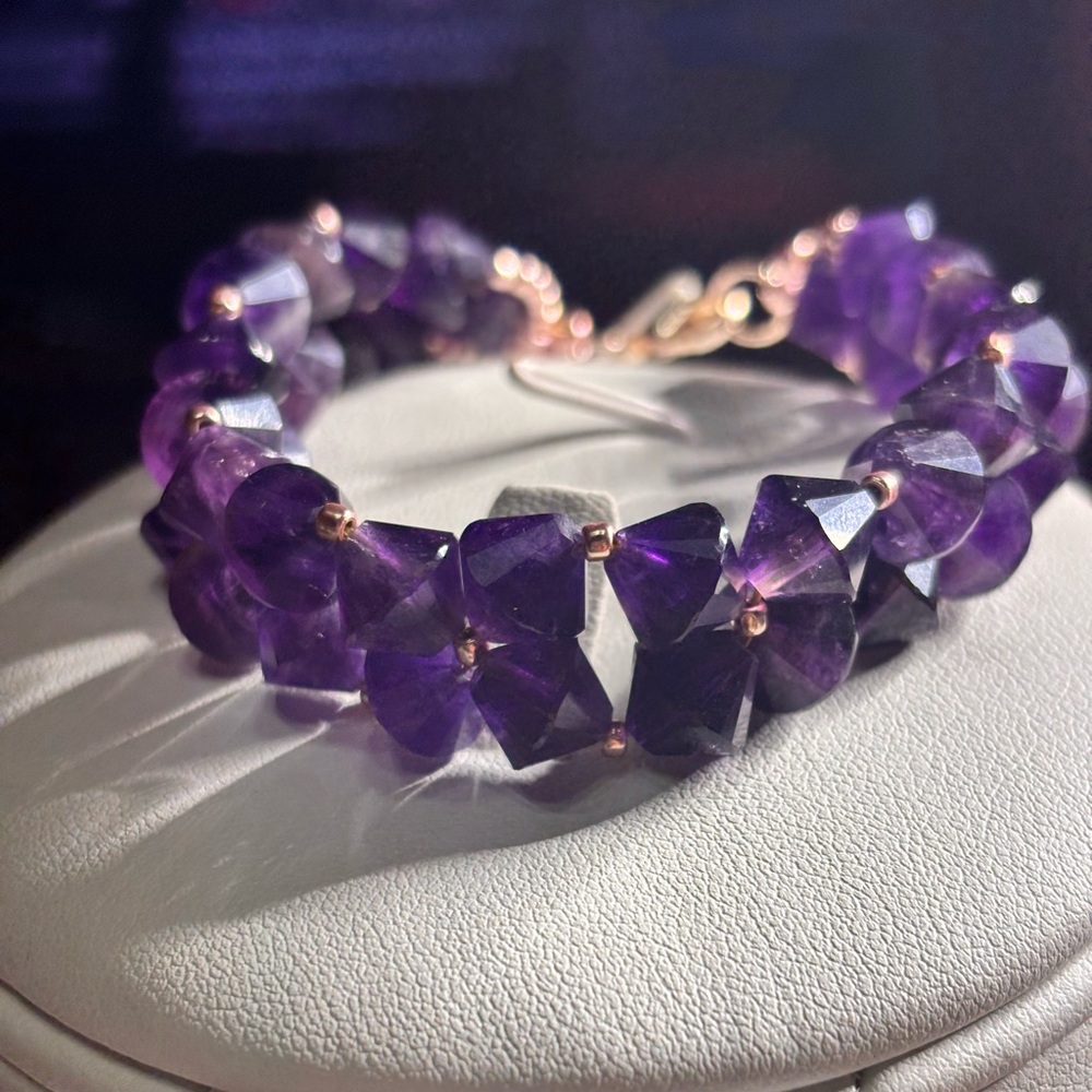 Handmade Amethyst Gemstone Bracelet rose gold tone lobster claw clasp 7.5 inches - Picture 6 of 9